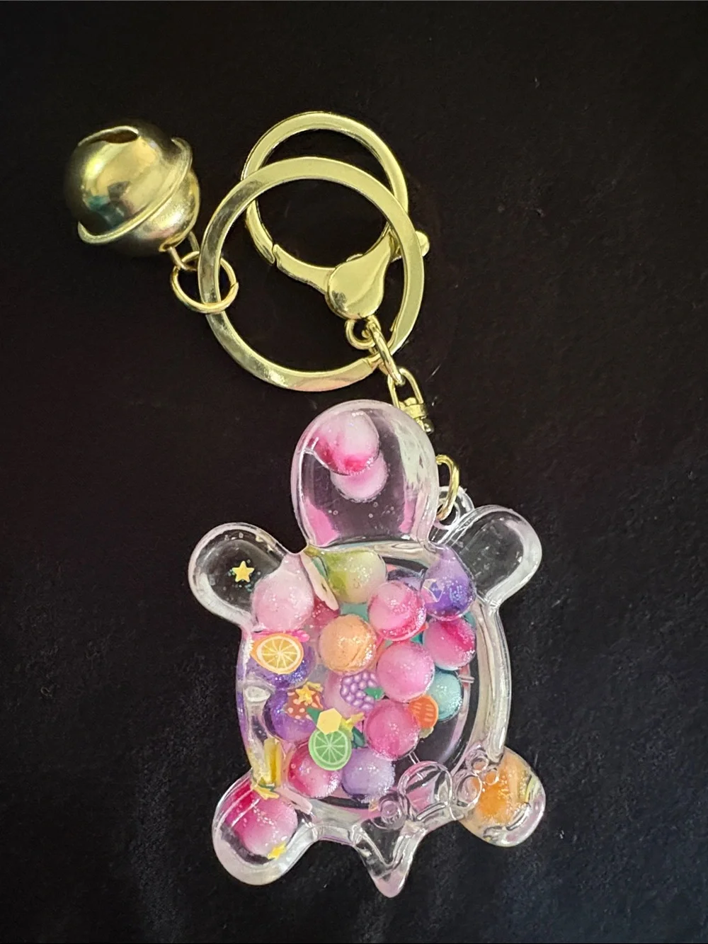 Colorful Turtle Water Filled Bag Charm Keychain with Gold Ring and Bell